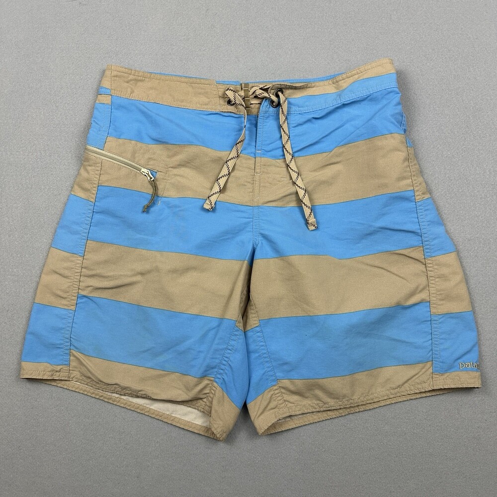 Patagonia Board Shorts Men 30 Blue Stripe Drawstring Zip Pockets Swim Surf